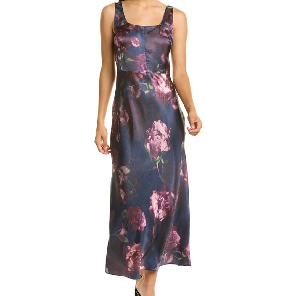 VINCE NIGHT GARDEN SQUARE NECK SATIN SLIPDRESS